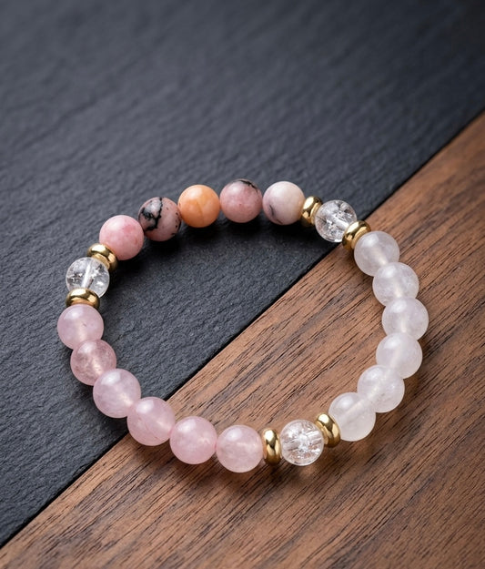 Bracelet "Aura de Douceur" en Quartz Rose, Rhodonite et Cristal de Roche