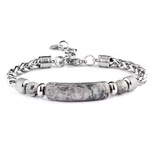 Bracelet "Caractère" en Acier Inoxydable et Jaspe Picasso