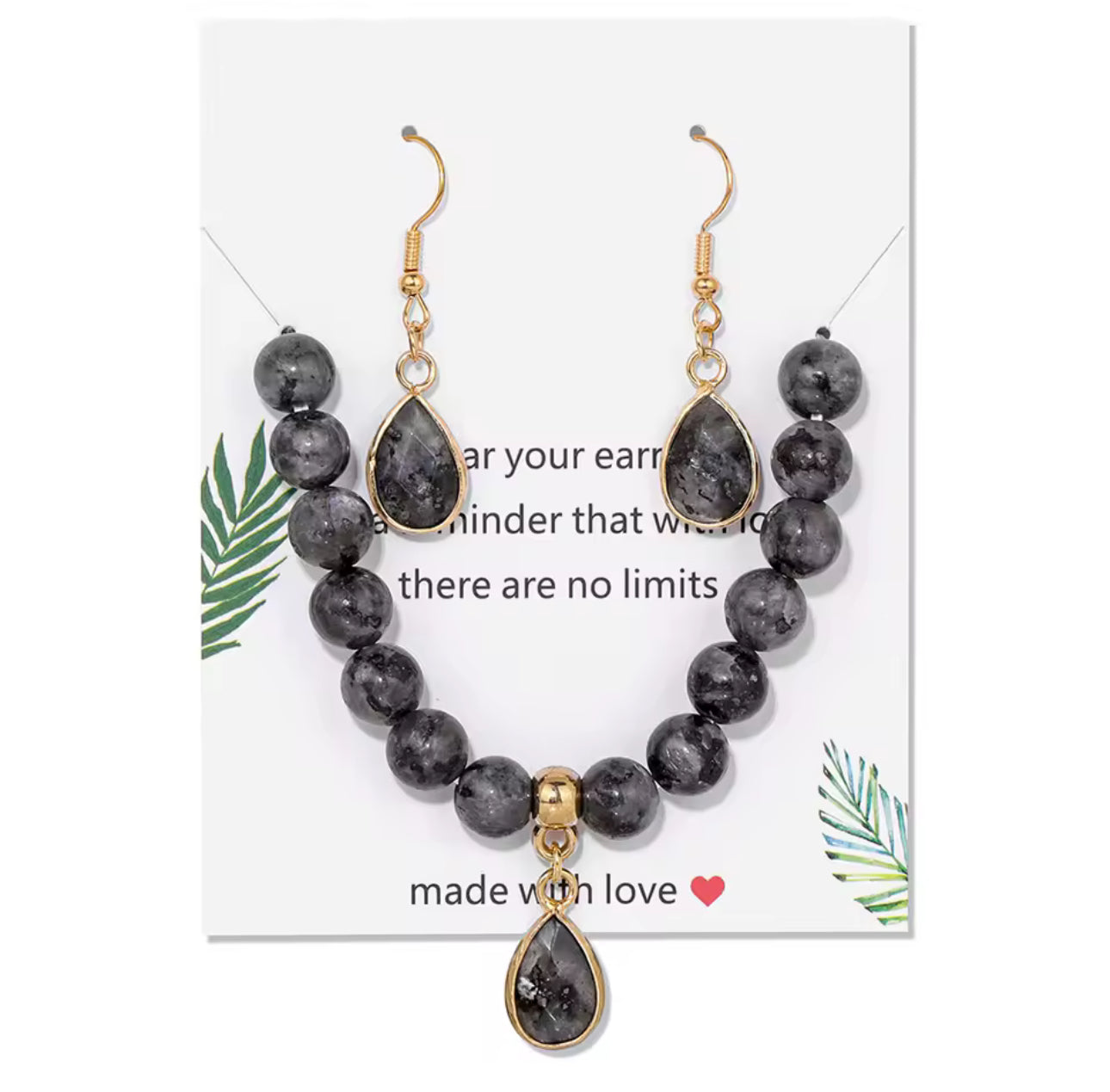 Parure "Éclat Lunaire" en Larvikite (Bracelet et Boucles d'Oreilles)
