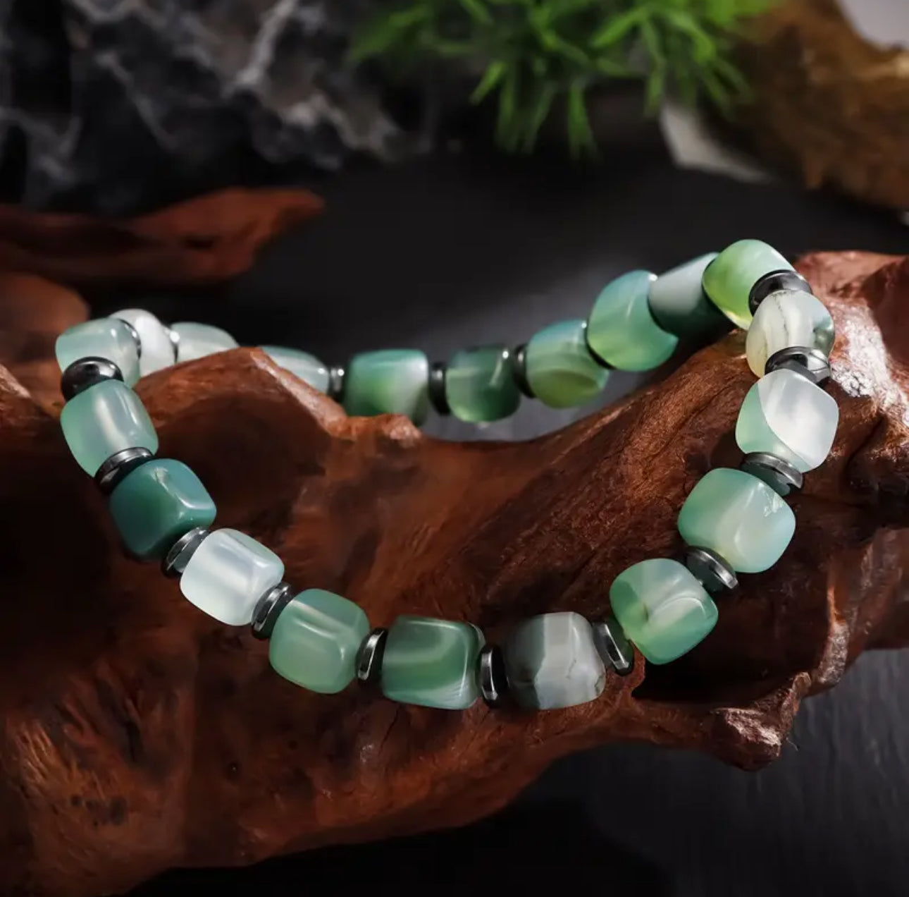 Bracelet "Équilibre Végétal" en Agate Mousse et Hématite