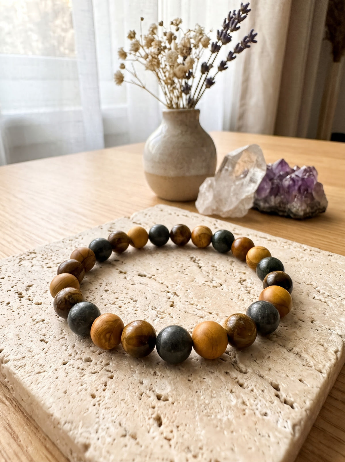Bracelet "Force Terrestre" en Bois de Pétrification, Œil de Tigre et Jaspe