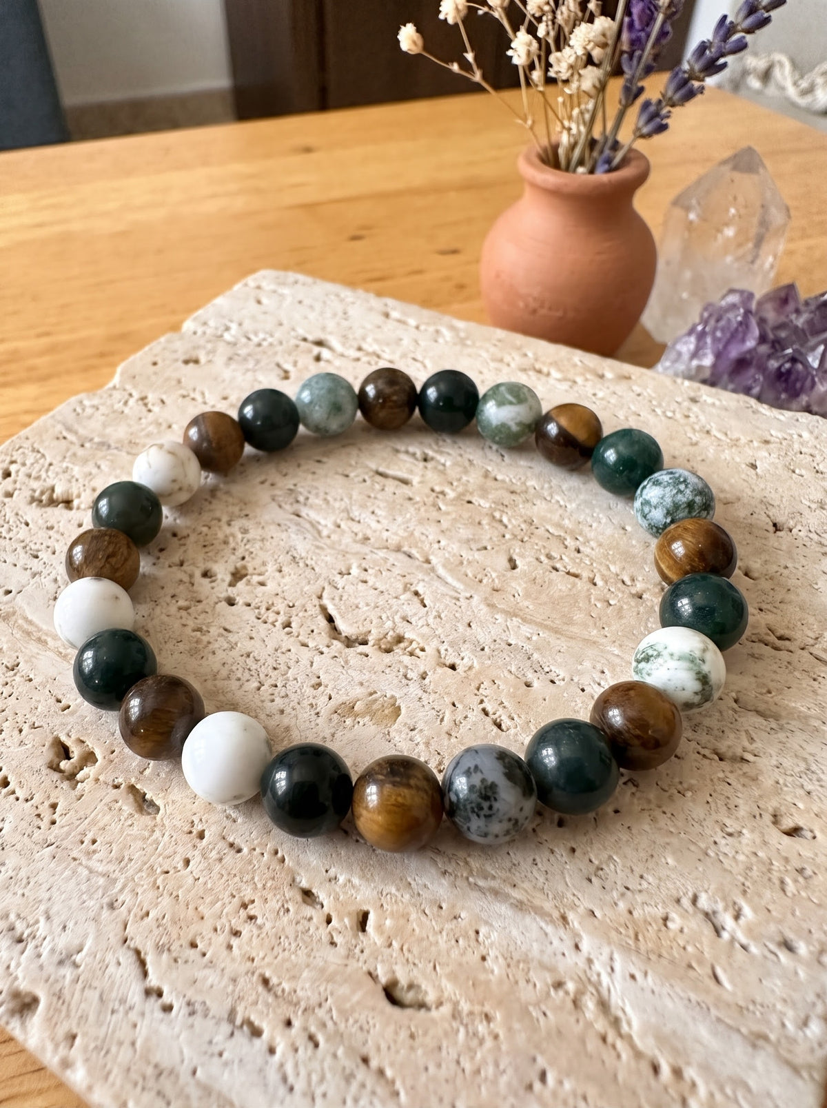 Bracelet "Harmonie Sauvage" en Agate Mousse, Œil de Tigre et Howlite