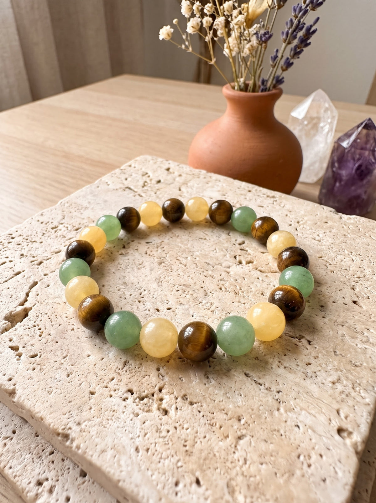Bracelet "Vitalité Naturelle" en Jade Vert, Calcite Jaune et Œil de Tigre