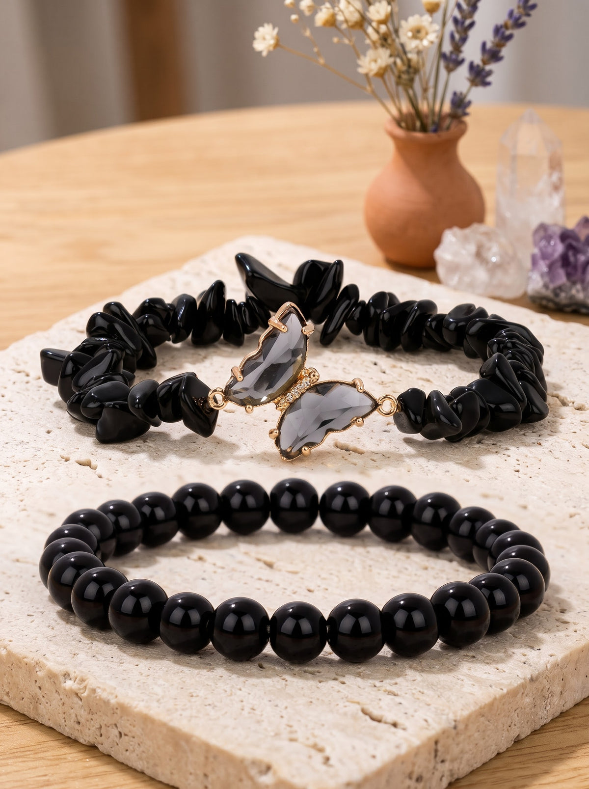Bracelet Duo d'Obsidienne Noire "Ancrage et Métamorphose" & Papillon