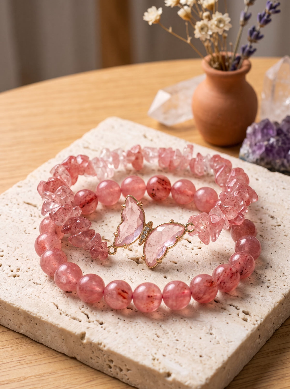 Bracelet Duo de Quartz Fraise « Amour & Épanouissement » & Papillon