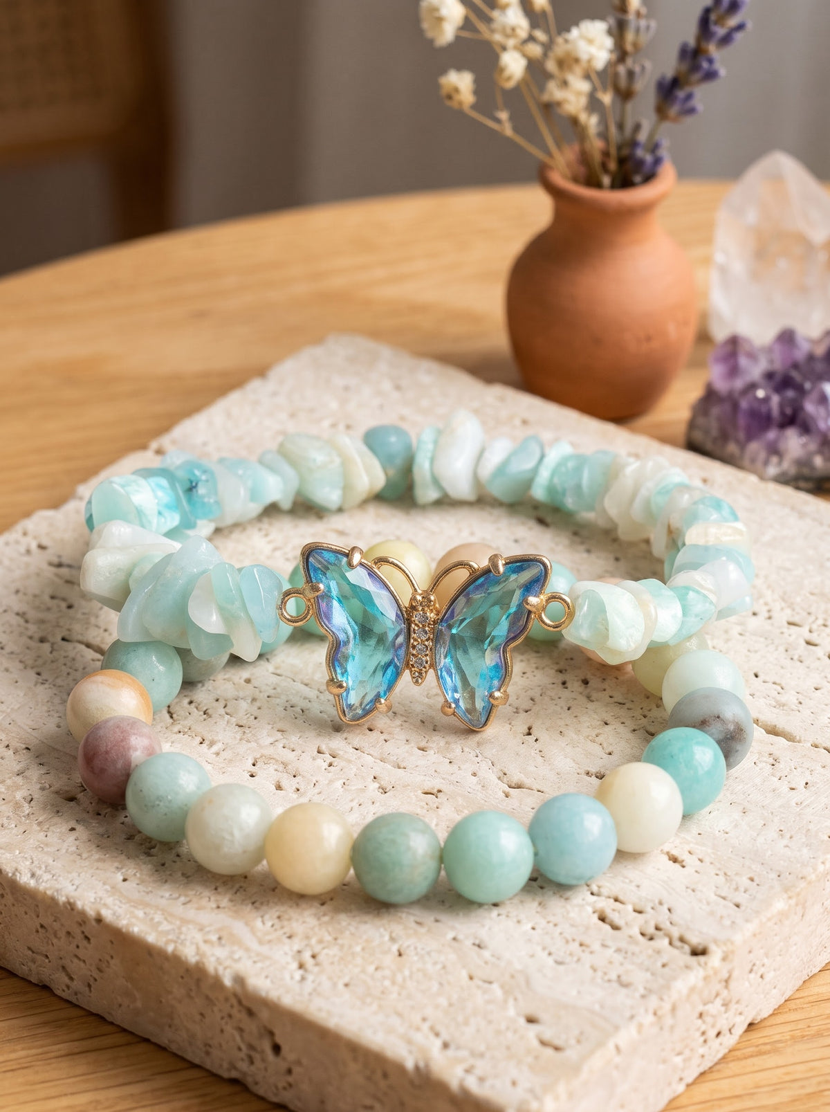 Bracelet Duo en Amazonite "Sérénité & Éclosion" et son Papillon