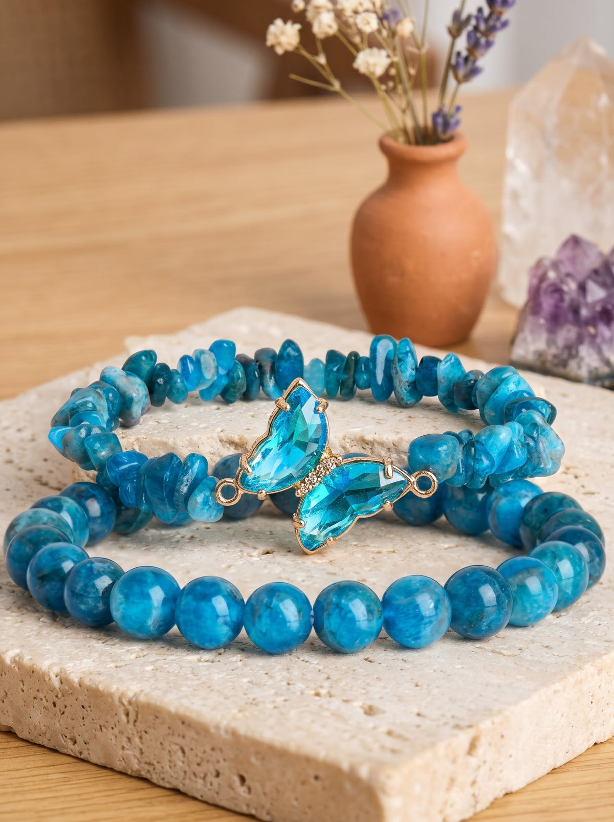 Bracelet Duo d’Apatite Bleue « Confiance et Élan Vital » & Papillon