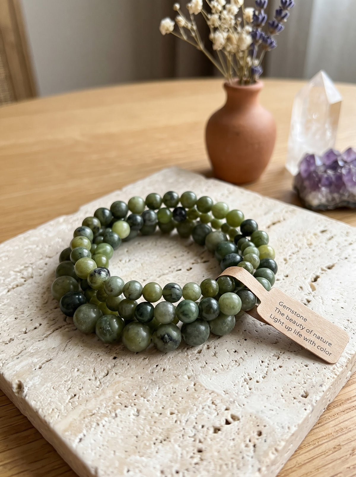 Bracelet set de 3 « Harmonie Sauvage » en Jade Sauvage, Néphrite et Serpentine